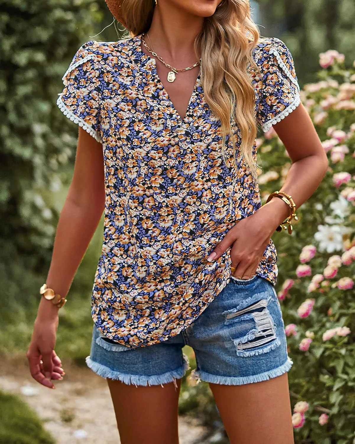 PRETTYGARDEN Women's Shirts Summer Casual Crewneck Lace Crochet Short Sleeve Blouses Cute Floral Print Loose Tunic Tops