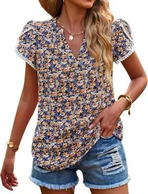 PRETTYGARDEN Women's Shirts Summer Casual Crewneck Lace Crochet Short Sleeve Blouses Cute Floral Print Loose Tunic Tops