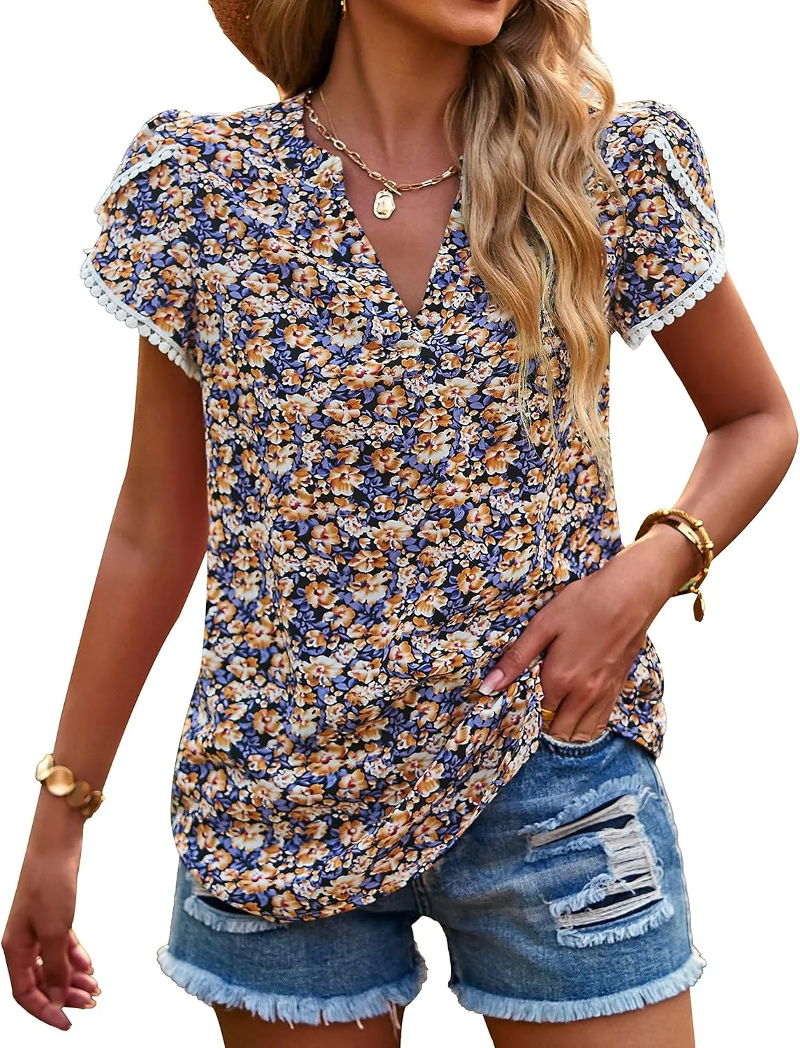 PRETTYGARDEN Women's Shirts Summer Casual Crewneck Lace Crochet Short Sleeve Blouses Cute Floral Print Loose Tunic Tops