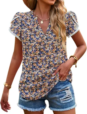 PRETTYGARDEN Women's Shirts Summer Casual Crewneck Lace Crochet Short Sleeve Blouses Cute Floral Print Loose Tunic Tops