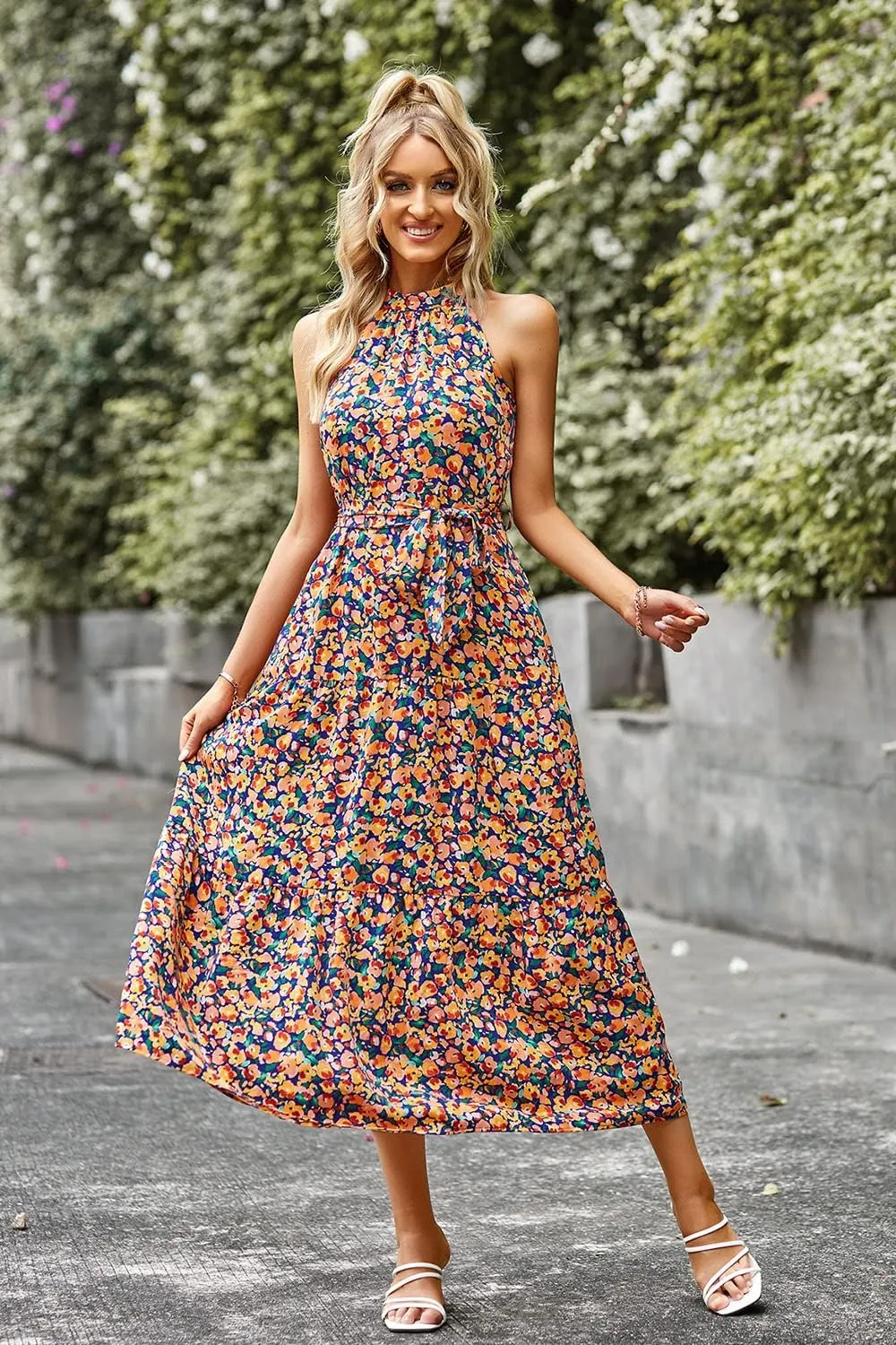 PRETTYGARDEN Women's Summer Floral Maxi Sun Dress Sleeveless Halter Neck Flowy Ruffle Hem Long Boho Dresses with Belt