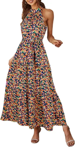 PRETTYGARDEN Women's Summer Floral Maxi Sun Dress Sleeveless Halter Neck Flowy Ruffle Hem Long Boho Dresses with Belt
