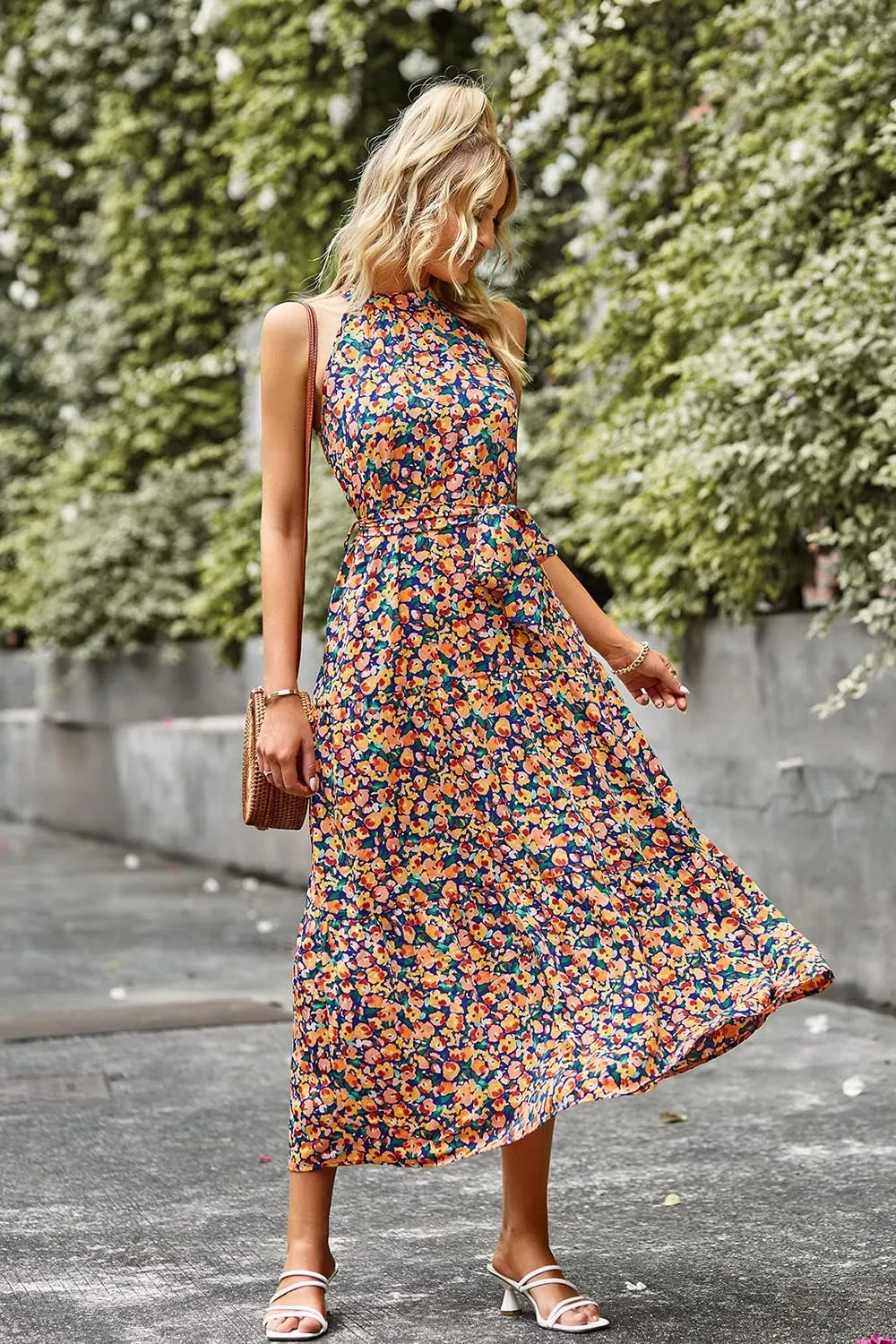 PRETTYGARDEN Women's Summer Floral Maxi Sun Dress Sleeveless Halter Neck Flowy Ruffle Hem Long Boho Dresses with Belt