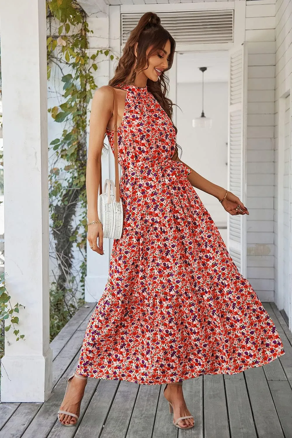 PRETTYGARDEN Women's Summer Floral Maxi Sun Dress Sleeveless Halter Neck Flowy Ruffle Hem Long Boho Dresses with Belt