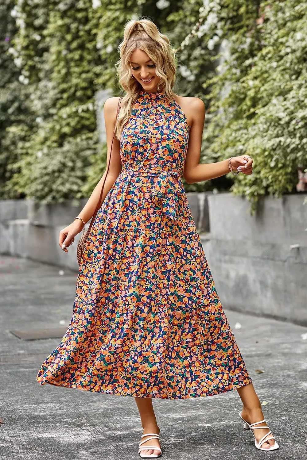 PRETTYGARDEN Women's Summer Floral Maxi Sun Dress Sleeveless Halter Neck Flowy Ruffle Hem Long Boho Dresses with Belt