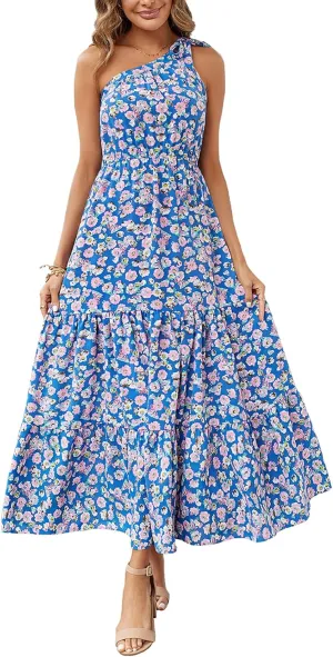 PRETTYGARDEN Women's Summer Floral One Shoulder Maxi Dress Knot Ruffle Boho Beach Vacation Wedding Guest Long Dresses