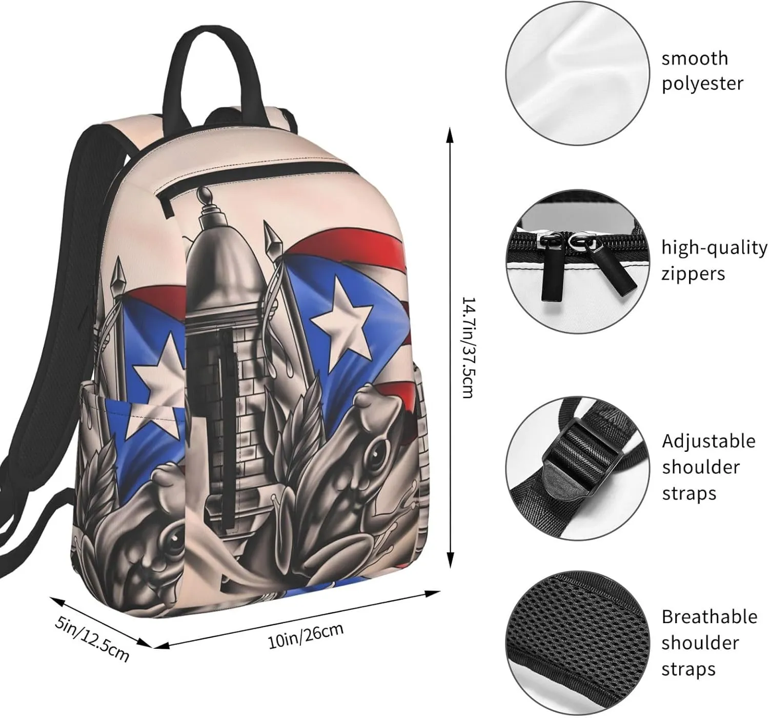 Puerto Rico Frog Flag Travel Backpacks Casual Laptop Backpack Sport Rucksack Large Capacity Daypack Multi-Pockets Adjustable Strap Bag for Working Hiking