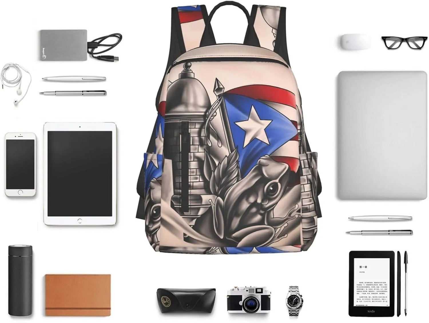 Puerto Rico Frog Flag Travel Backpacks Casual Laptop Backpack Sport Rucksack Large Capacity Daypack Multi-Pockets Adjustable Strap Bag for Working Hiking