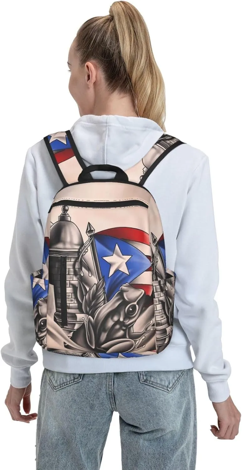 Puerto Rico Frog Flag Travel Backpacks Casual Laptop Backpack Sport Rucksack Large Capacity Daypack Multi-Pockets Adjustable Strap Bag for Working Hiking