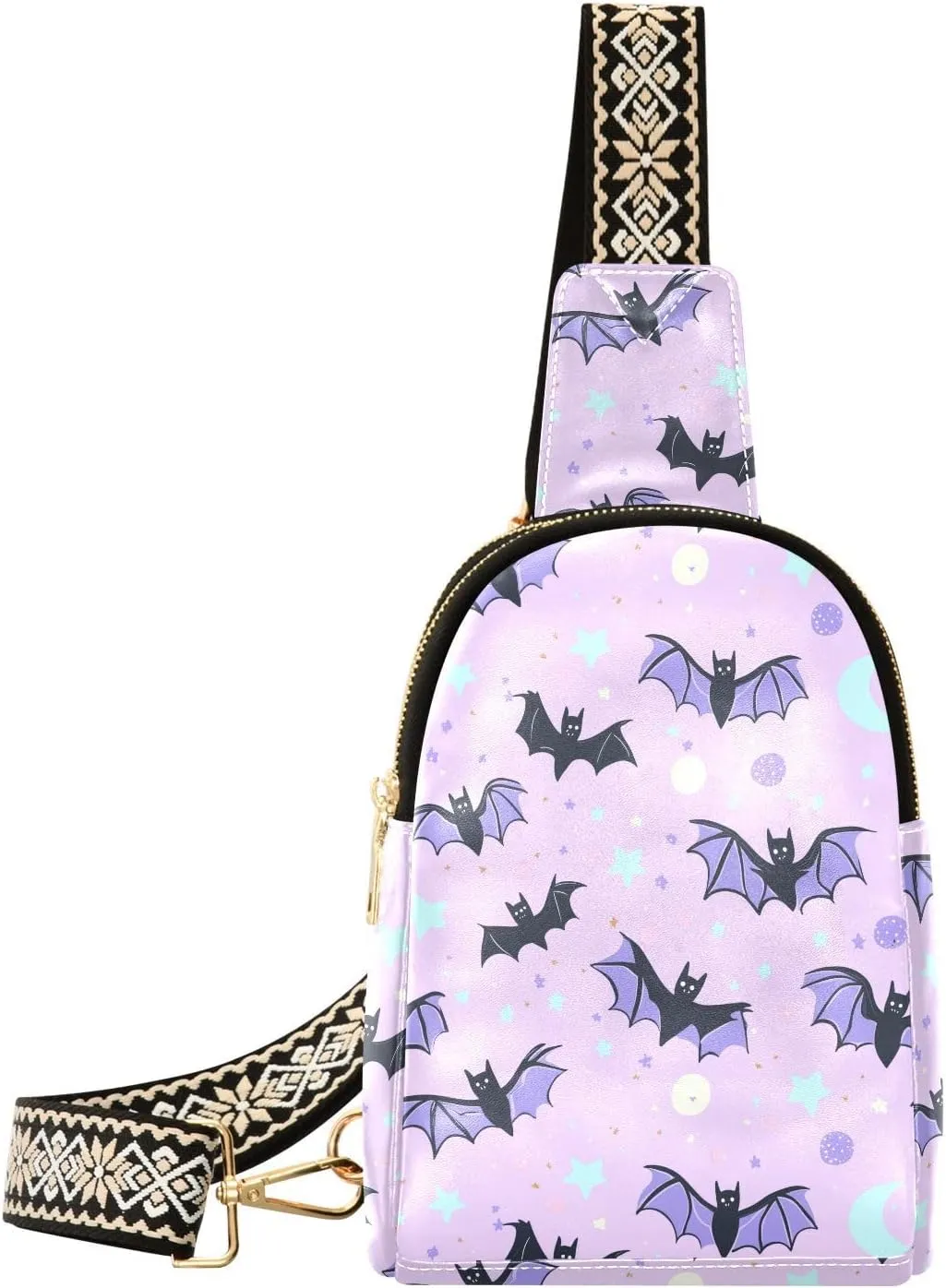 Purple Bat Full-Print Leather Fashion Waist Pack Small Crossbody Bag with Card Slots & Adjustable Strap for Biking Shopping Hiking Running & Casual Outings