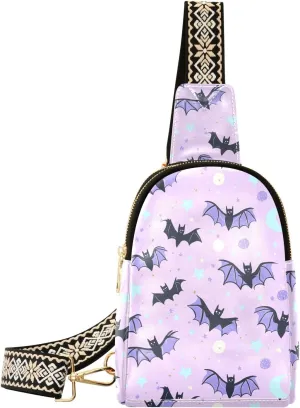 Purple Bat Full-Print Leather Fashion Waist Pack Small Crossbody Bag with Card Slots & Adjustable Strap for Biking Shopping Hiking Running & Casual Outings