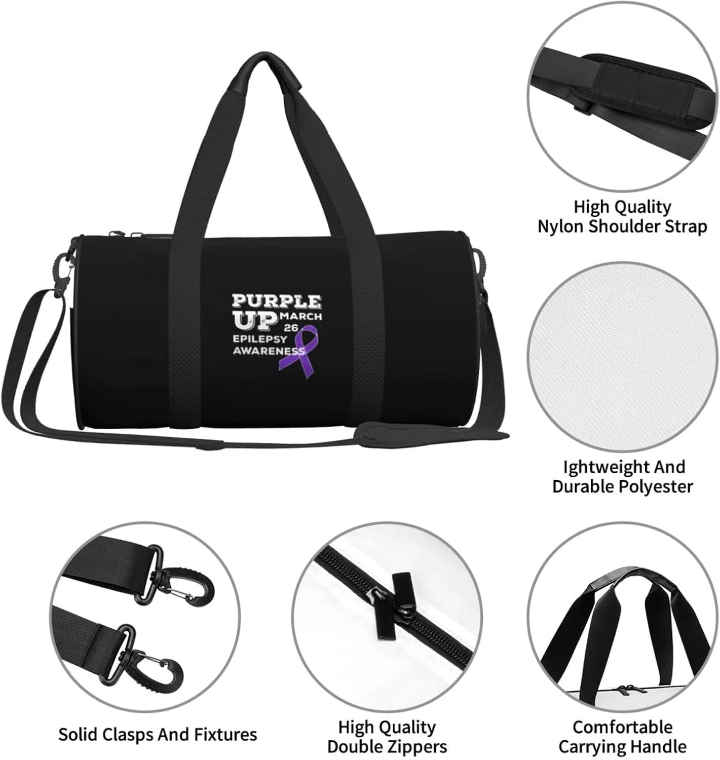 Purple Up March 26 Support Epilepsy Awareness Travel Luggage Duffel Bag Sports Rolling Foldable Duffel Bag, Black