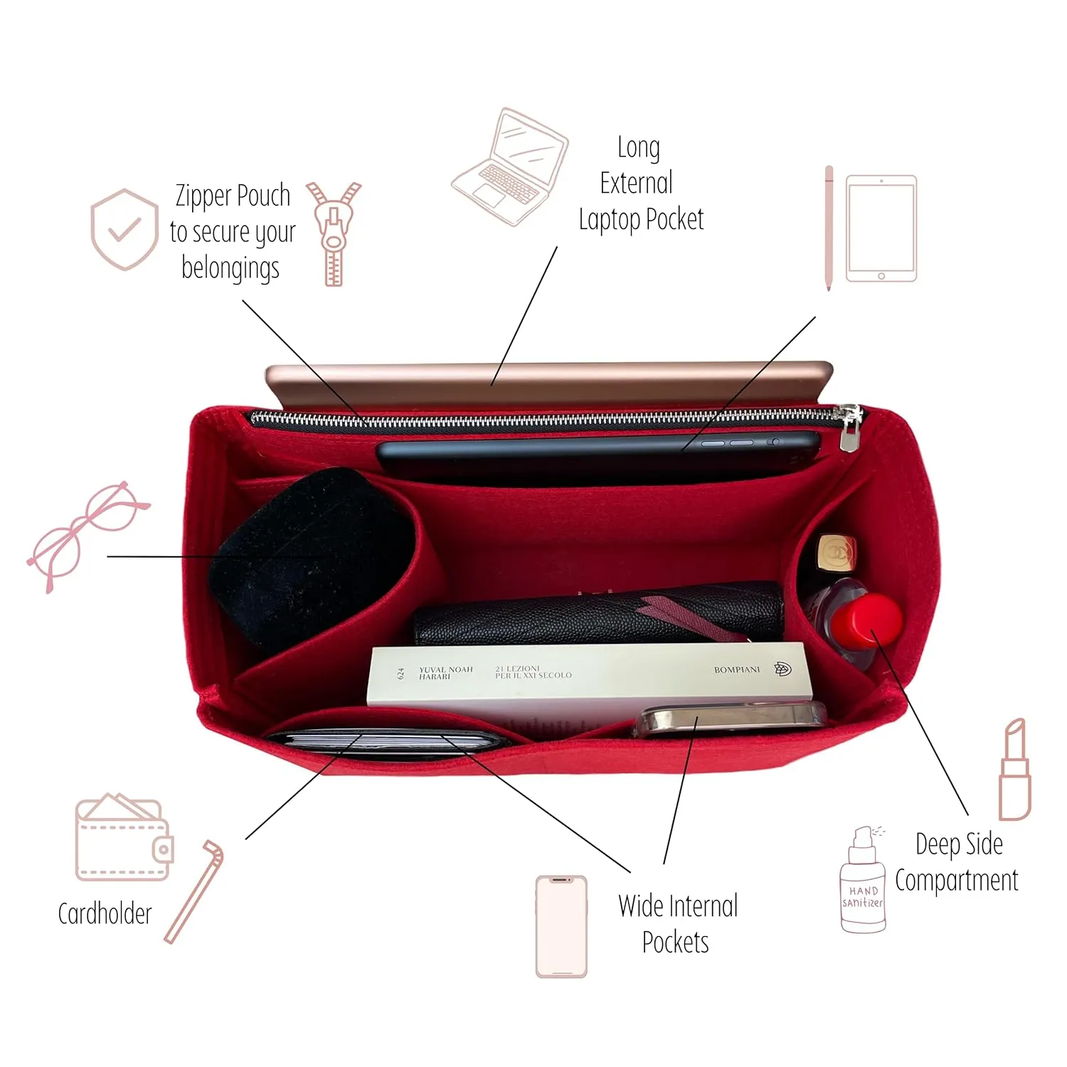 Purse Organizer for Lv Carryall Bag Organizer, Lv Bag Insert Organizer Carryall PM, Carryall MM Organizer, Handmade 2mm Premium Felt Snug Sturdy Gold Zipper (For Carryall MM, Scarlet)