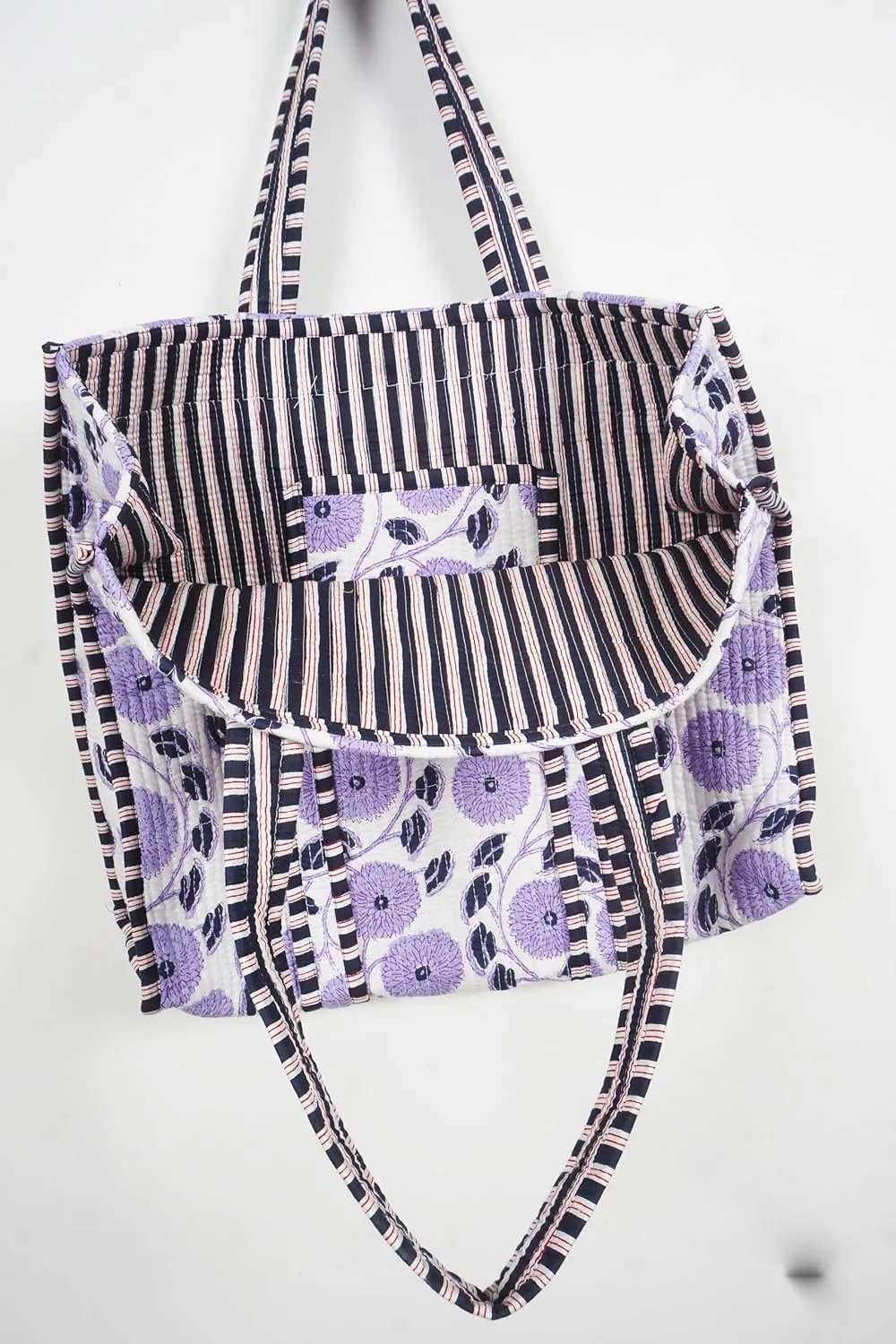 Quilted Cotton Handprinted Reversible Large multicolor Floral Tote Bag,Hand Block Print Shopping Shoulder Carry Bag