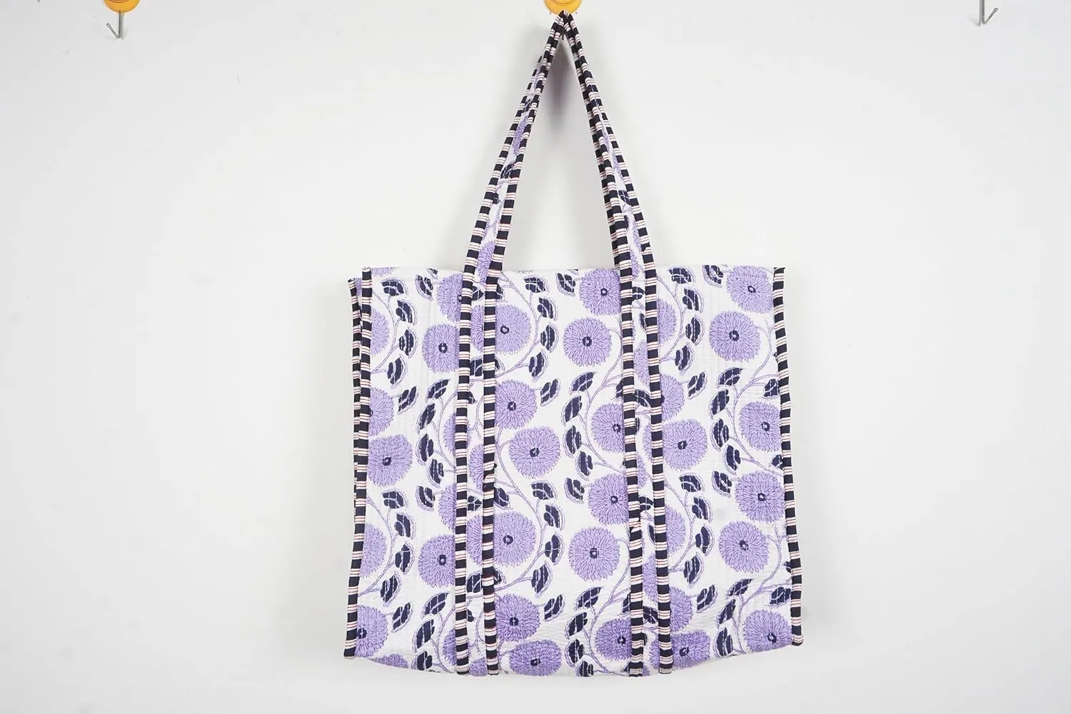 Quilted Cotton Handprinted Reversible Large multicolor Floral Tote Bag,Hand Block Print Shopping Shoulder Carry Bag