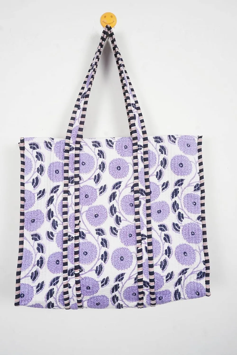Quilted Cotton Handprinted Reversible Large multicolor Floral Tote Bag,Hand Block Print Shopping Shoulder Carry Bag