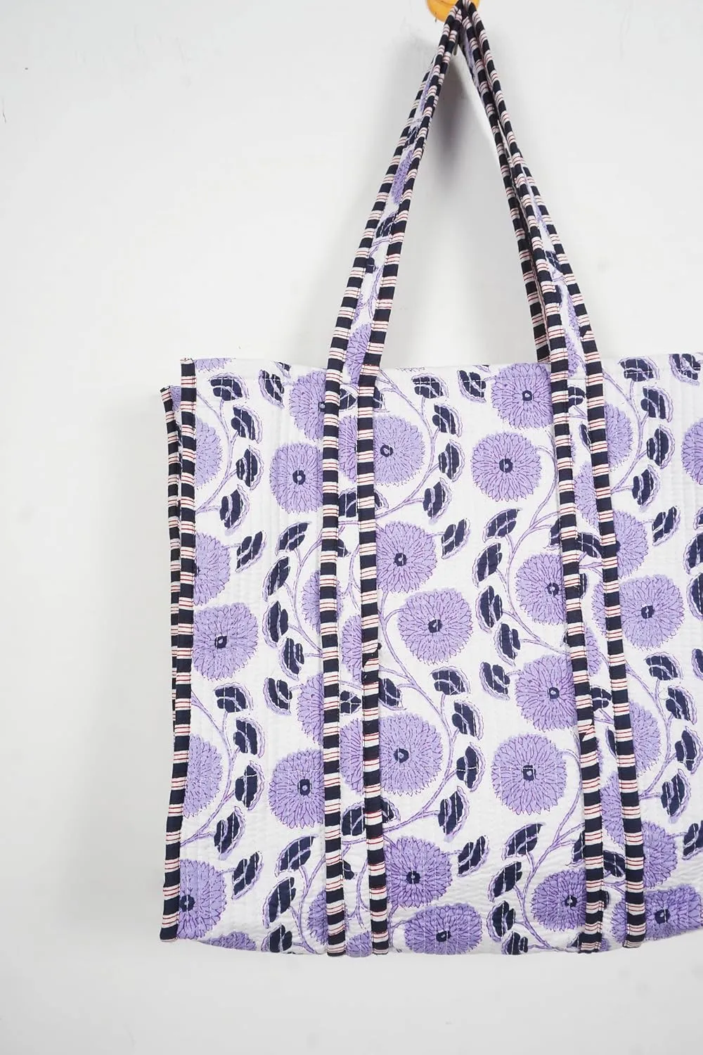 Quilted Cotton Handprinted Reversible Large multicolor Floral Tote Bag,Hand Block Print Shopping Shoulder Carry Bag