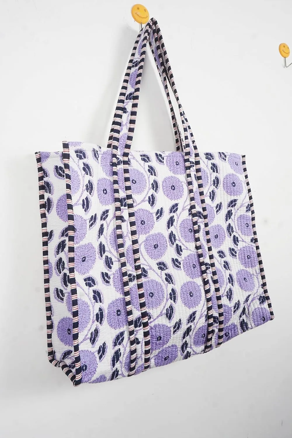 Quilted Cotton Handprinted Reversible Large multicolor Floral Tote Bag,Hand Block Print Shopping Shoulder Carry Bag