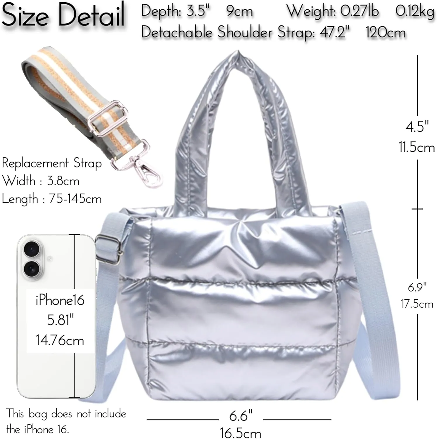 Quilted Metallic Lightweight Phone Crossbody Purse, Puffer Small Tote Bag Soft Padded Adjustable Strap, Women Shoulder Bag