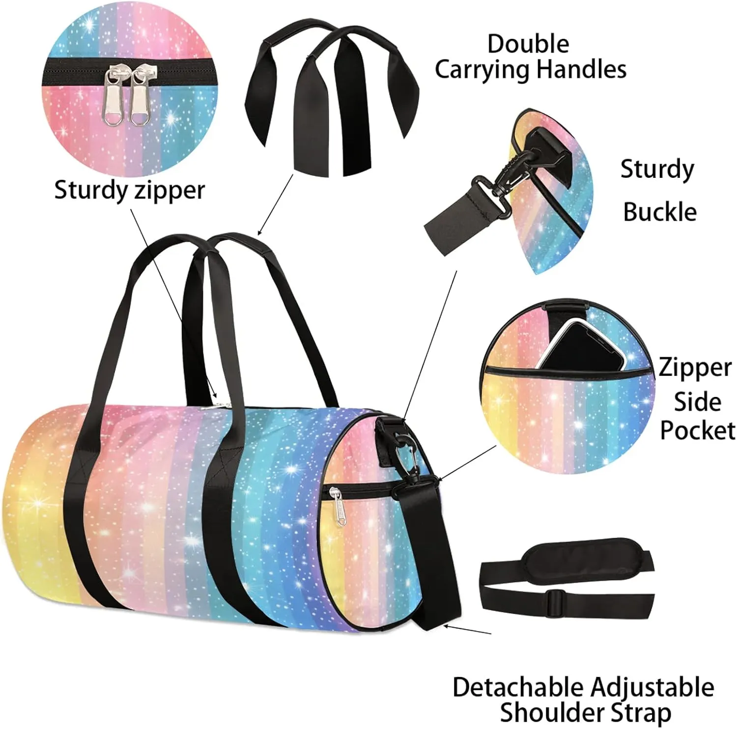Rainbow Glitter Sports Gym Bag for Men Women Lightweight Travel Duffle Bag with Shoulder Strap Waterproof Carry On Weekender Overnight Bag for Travel Sports Gym