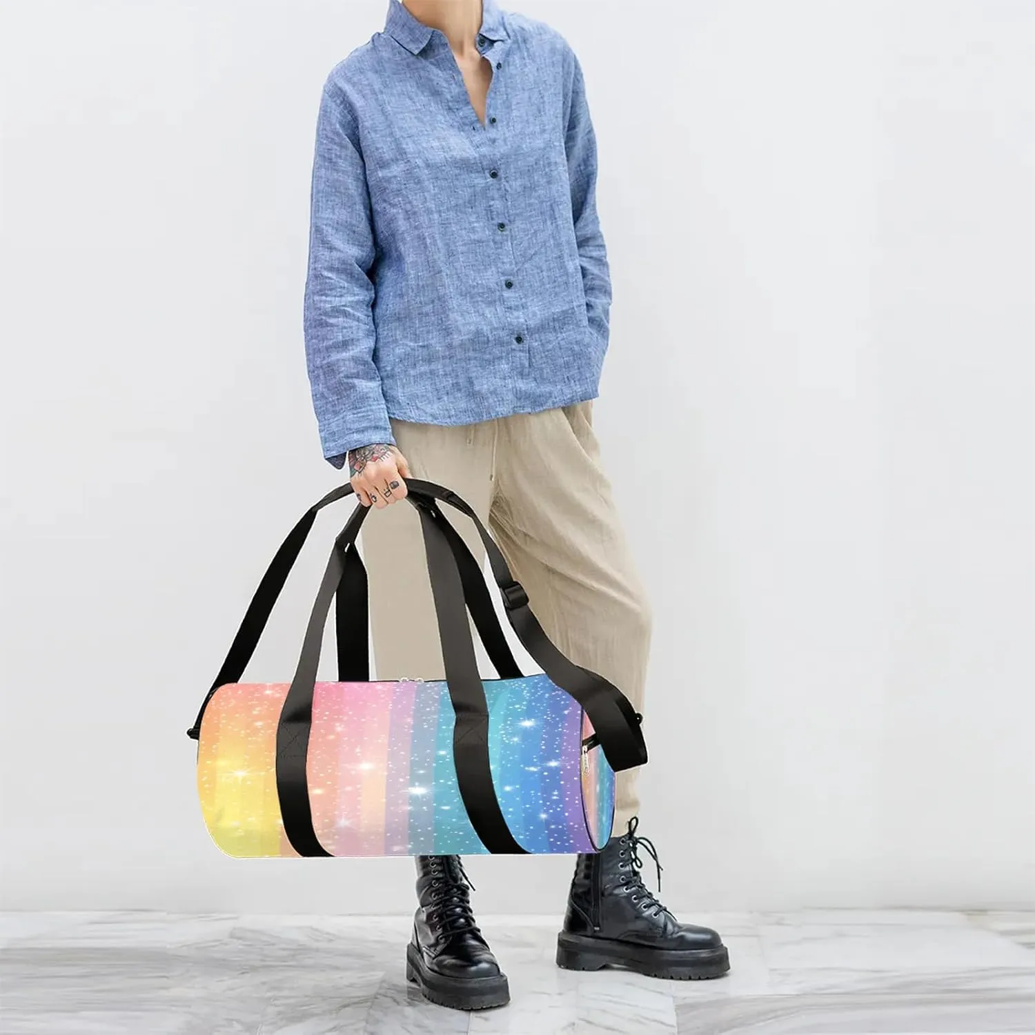 Rainbow Glitter Sports Gym Bag for Men Women Lightweight Travel Duffle Bag with Shoulder Strap Waterproof Carry On Weekender Overnight Bag for Travel Sports Gym