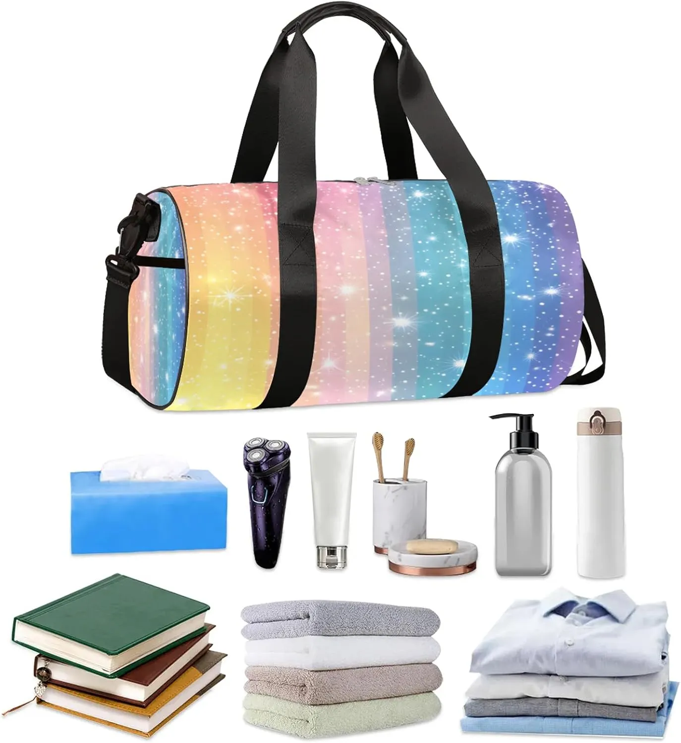 Rainbow Glitter Sports Gym Bag for Men Women Lightweight Travel Duffle Bag with Shoulder Strap Waterproof Carry On Weekender Overnight Bag for Travel Sports Gym