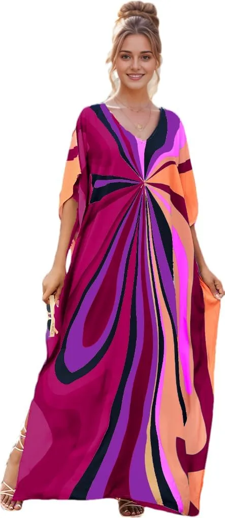 RanRui Floral Print Kaftan Dresses for Women Ethnic Boho Print Swim Cover up Batwing Sleeve Vneck Caftans