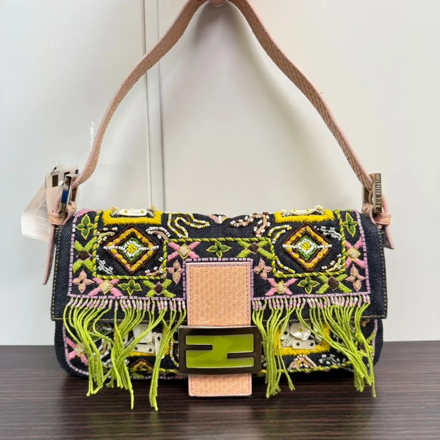 Rare✨  Fendi Python Beaded Denim Baguette Shoulder Bag LB110112 in Multicolor