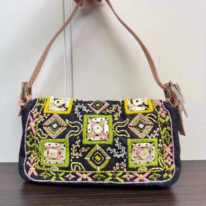 Rare✨  Fendi Python Beaded Denim Baguette Shoulder Bag LB110112 in Multicolor