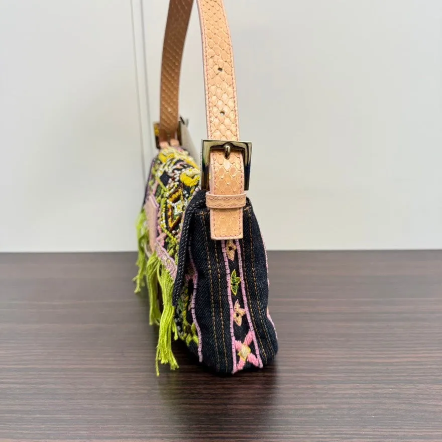 Rare✨  Fendi Python Beaded Denim Baguette Shoulder Bag LB110112 in Multicolor