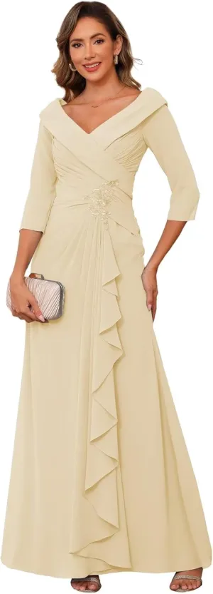 Raseal Chiffon Mother of The Bride Dresses for Wedding with 3/4 Sleeves Long Ruched Applique Formal Dress RS111