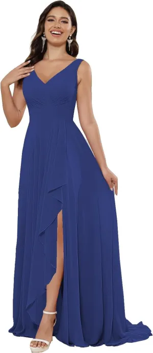 Raseal Chiffon V Neck Bridesmaid Dress with Slit Pleated Chiffon Ruffle Long A Line Formal Party Dress for Women RS078