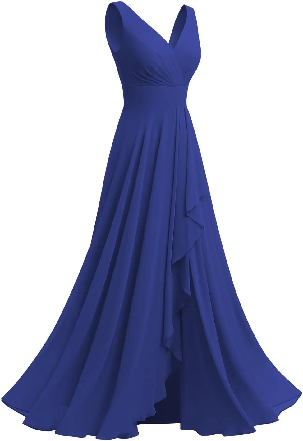 Raseal Chiffon V Neck Bridesmaid Dress with Slit Pleated Chiffon Ruffle Long A Line Formal Party Dress for Women RS078