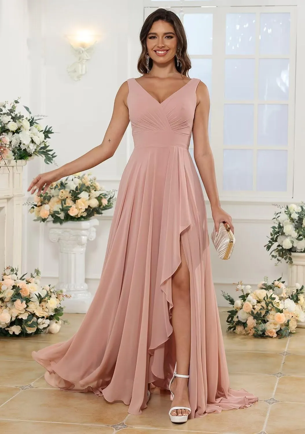 Raseal Chiffon V Neck Bridesmaid Dress with Slit Pleated Chiffon Ruffle Long A Line Formal Party Dress for Women RS078