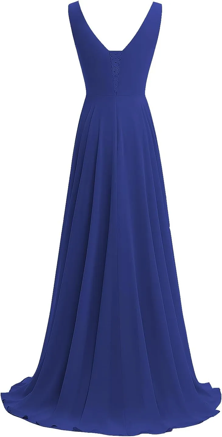 Raseal Chiffon V Neck Bridesmaid Dress with Slit Pleated Chiffon Ruffle Long A Line Formal Party Dress for Women RS078