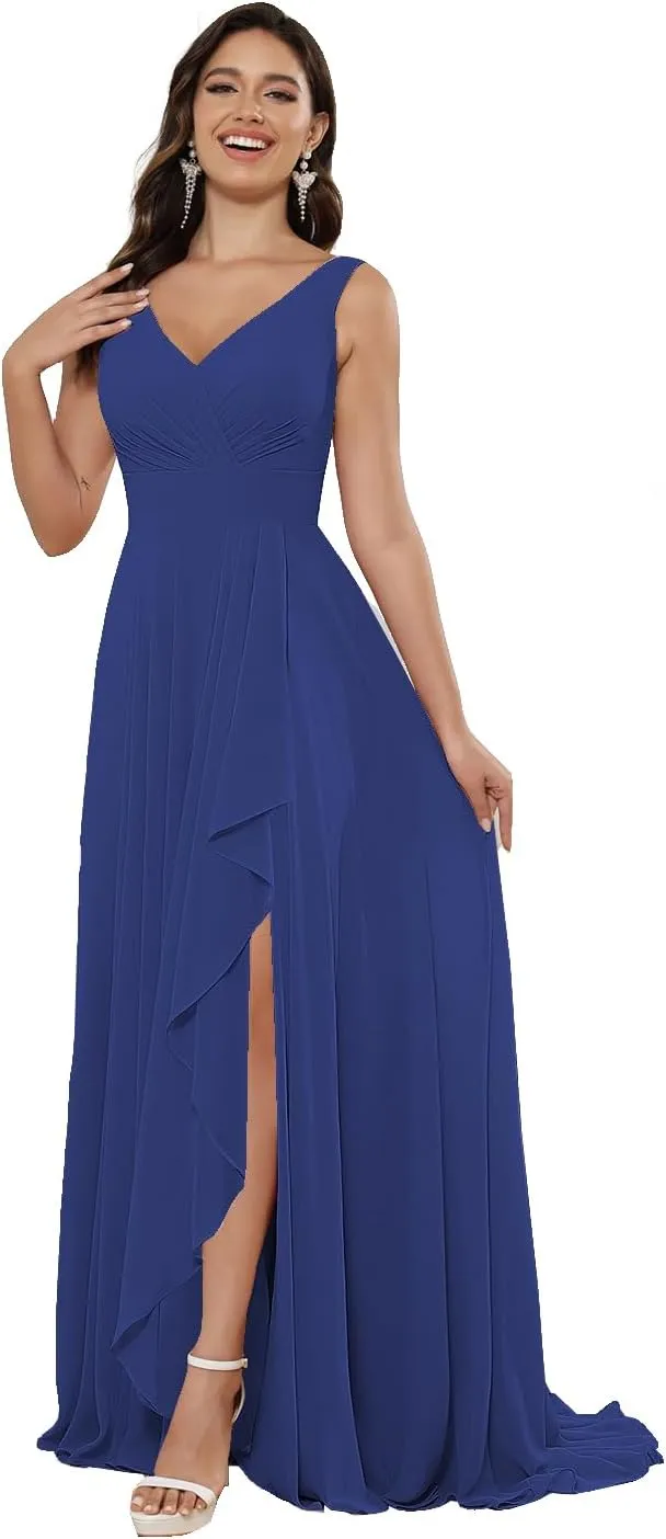 Raseal Chiffon V Neck Bridesmaid Dress with Slit Pleated Chiffon Ruffle Long A Line Formal Party Dress for Women RS078