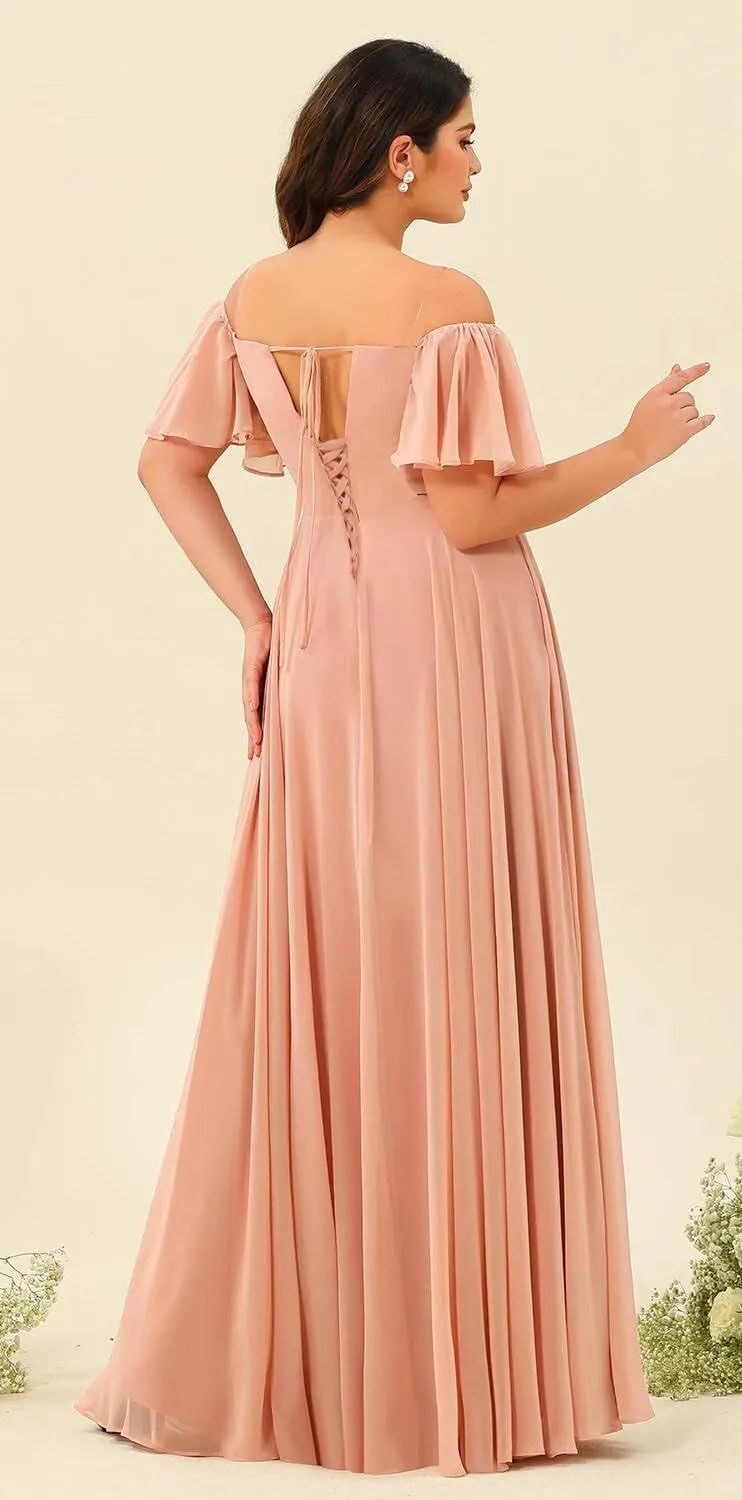 Raseal Off The Shoulder Chiffon Bridesmaid Dress Split A Line Pleats Bridesmaid Dress Long for Women with Pockets RS047