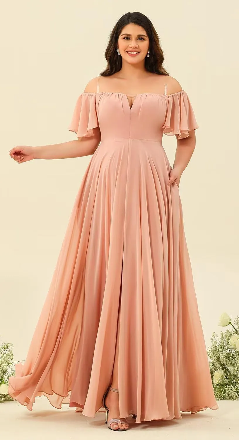 Raseal Off The Shoulder Chiffon Bridesmaid Dress Split A Line Pleats Bridesmaid Dress Long for Women with Pockets RS047