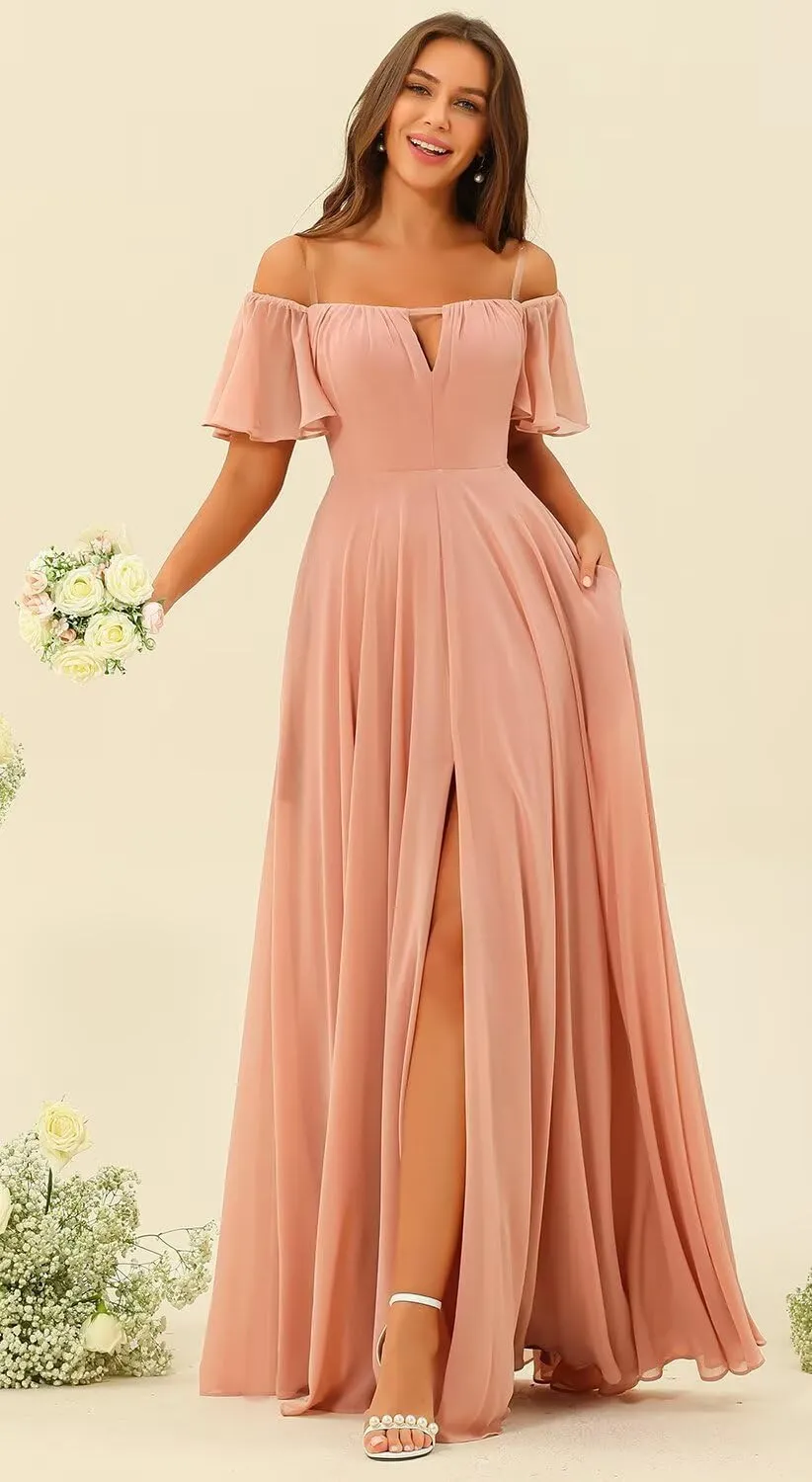 Raseal Off The Shoulder Chiffon Bridesmaid Dress Split A Line Pleats Bridesmaid Dress Long for Women with Pockets RS047