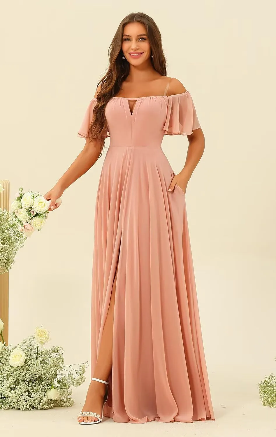 Raseal Off The Shoulder Chiffon Bridesmaid Dress Split A Line Pleats Bridesmaid Dress Long for Women with Pockets RS047