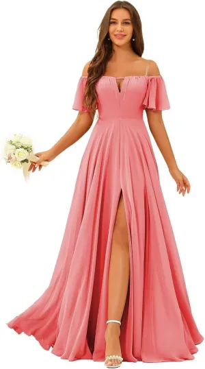 Raseal Off The Shoulder Chiffon Bridesmaid Dress Split A Line Pleats Bridesmaid Dress Long for Women with Pockets RS047