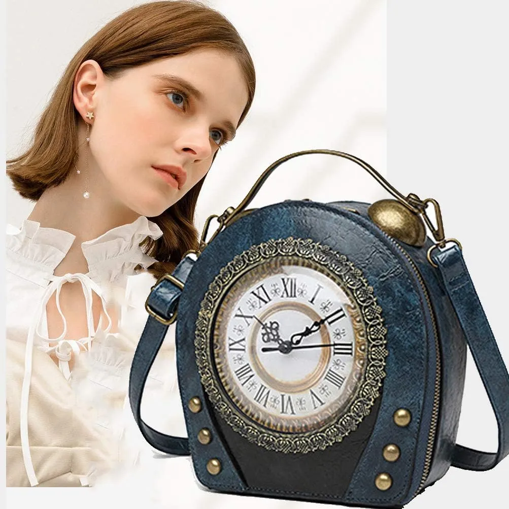 Real Working Clock Handbags Purse Antique Steampunk Shoulder Bag PU Messenger Bag