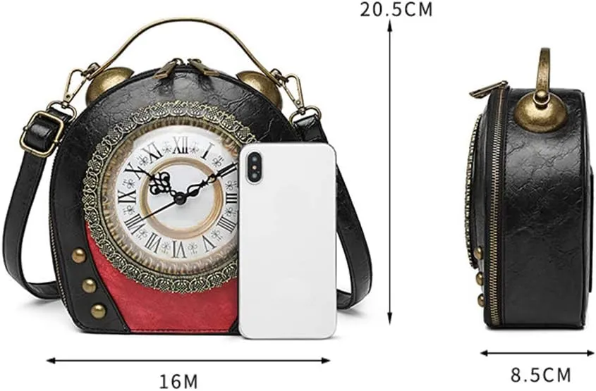 Real Working Clock Handbags Purse Antique Steampunk Shoulder Bag PU Messenger Bag