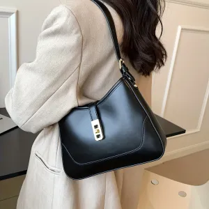 realaiot  Vintage Solid Color Shoulder Bag, Fashion Turn Lock Underarm Purse, Women's Faux Leather Handbags