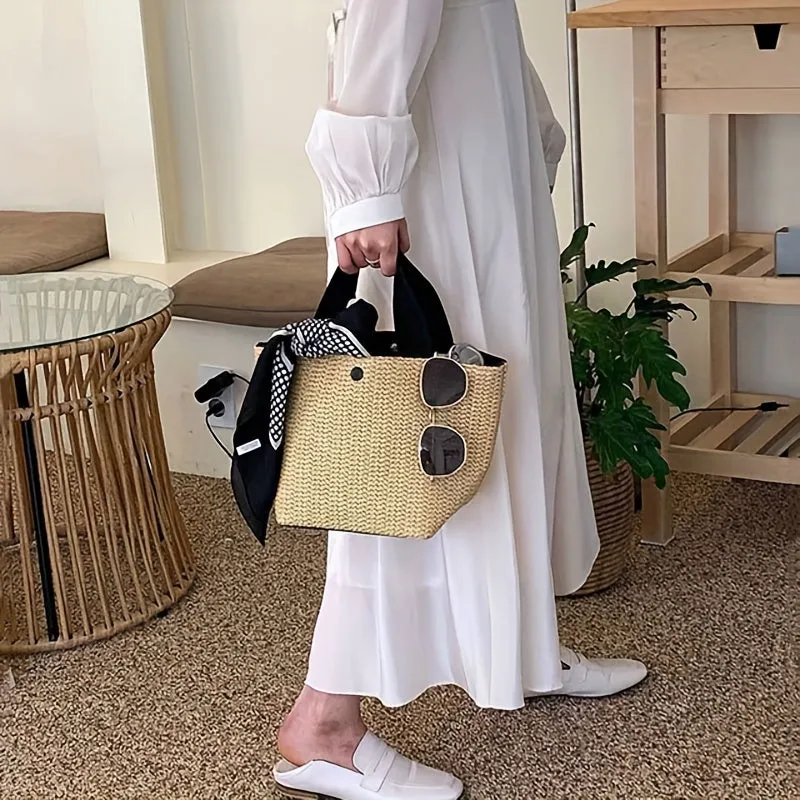 realaiot  Vintage Straw Woven Handbags, Boho Style Summer Beach Bag, Women's Braided Tote Bag For Travel Picnic
