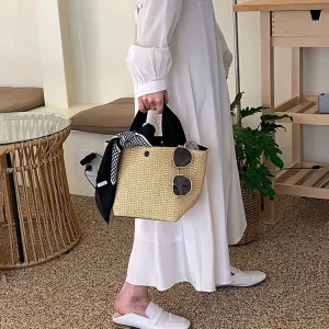 realaiot  Vintage Straw Woven Handbags, Boho Style Summer Beach Bag, Women's Braided Tote Bag For Travel Picnic
