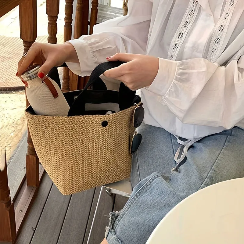 realaiot  Vintage Straw Woven Handbags, Boho Style Summer Beach Bag, Women's Braided Tote Bag For Travel Picnic