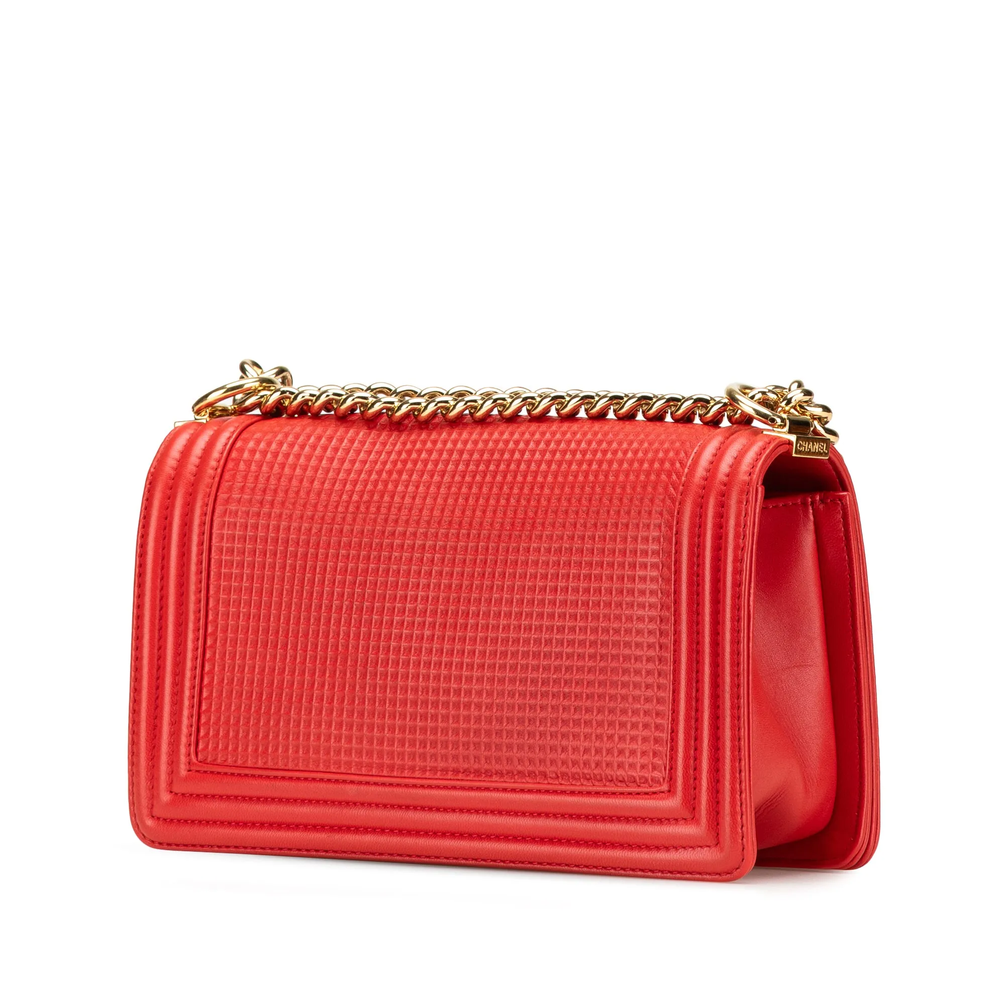 Red Chanel Old Medium Lambskin Embossed Cube Boy Flap Crossbody Bag