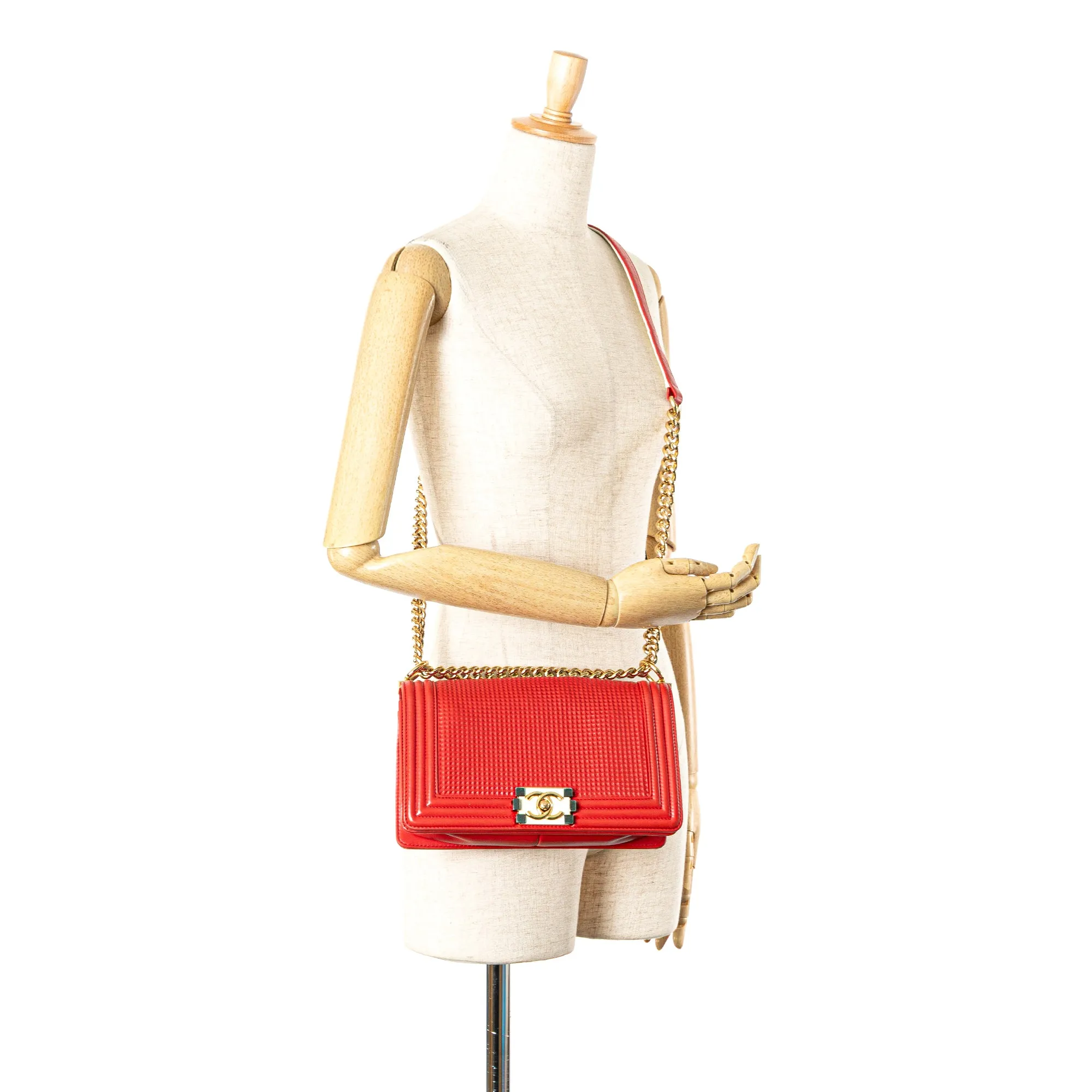 Red Chanel Old Medium Lambskin Embossed Cube Boy Flap Crossbody Bag
