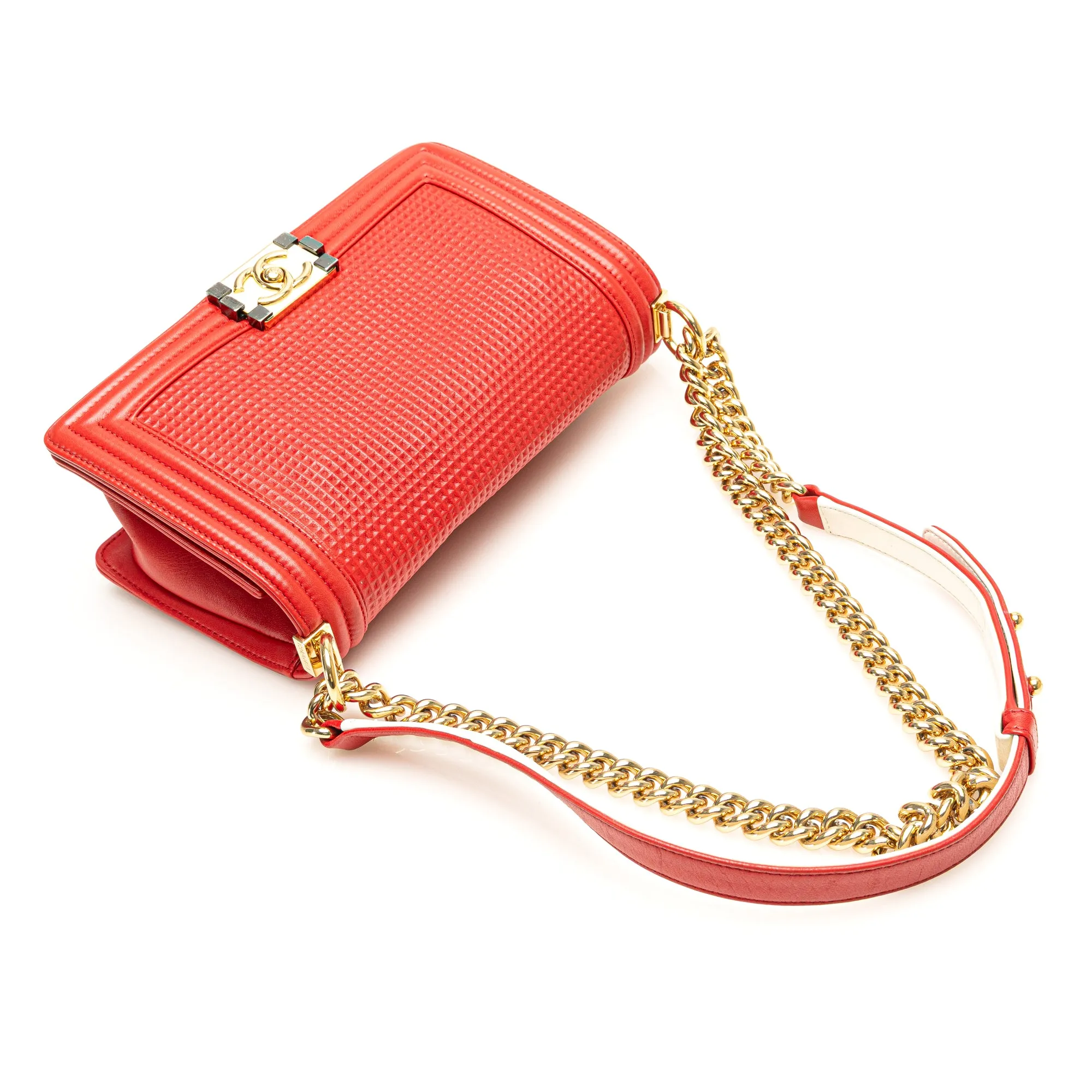 Red Chanel Old Medium Lambskin Embossed Cube Boy Flap Crossbody Bag